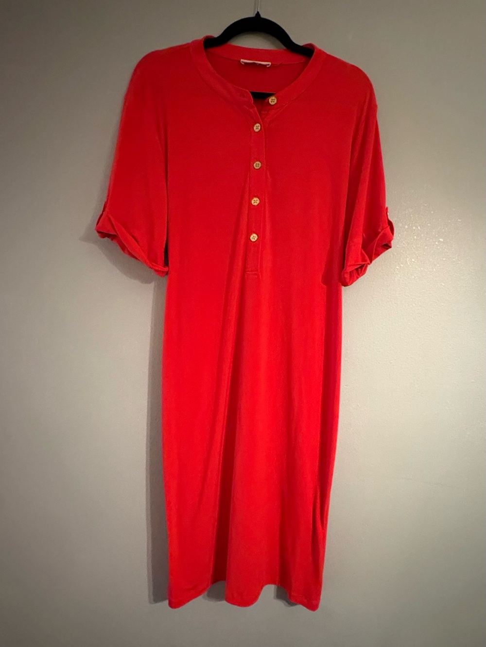 Calvin Klein Button Shirt Midi Dress In Red 3/4 Sleeves